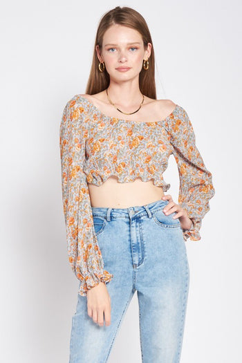 SCOOP NECK FLORAL TOP WITH RUFFLE DETAIL Emory Park