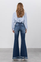 Elastic Banded Long Frayed Flare Jeans Denim Lab USA