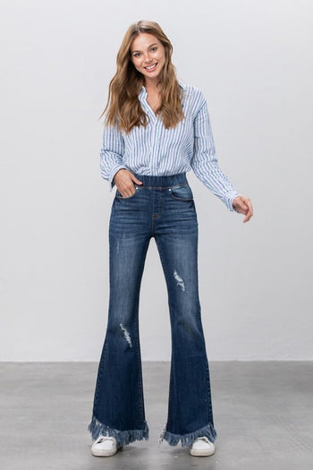 Elastic Banded Long Frayed Flare Jeans Denim Lab USA