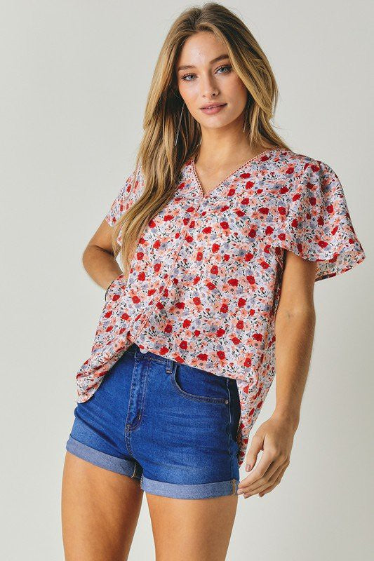 Floral Printed V-Neck Short Sleeve Top Davi & Dani