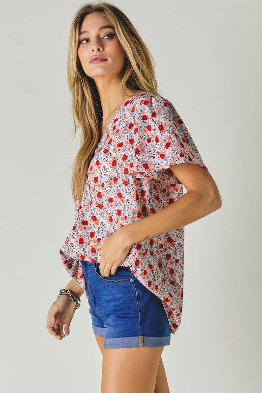 Floral Printed V-Neck Short Sleeve Top Davi & Dani