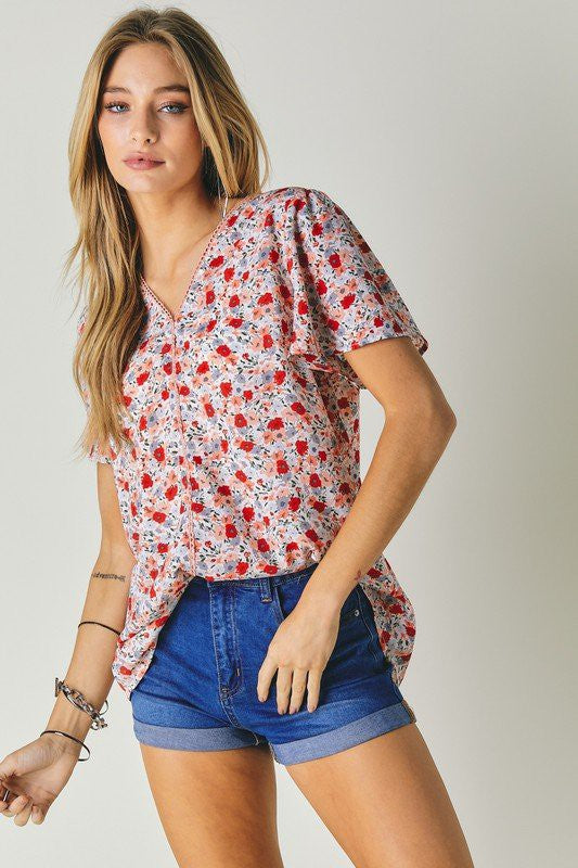 Floral Printed V-Neck Short Sleeve Top Davi & Dani