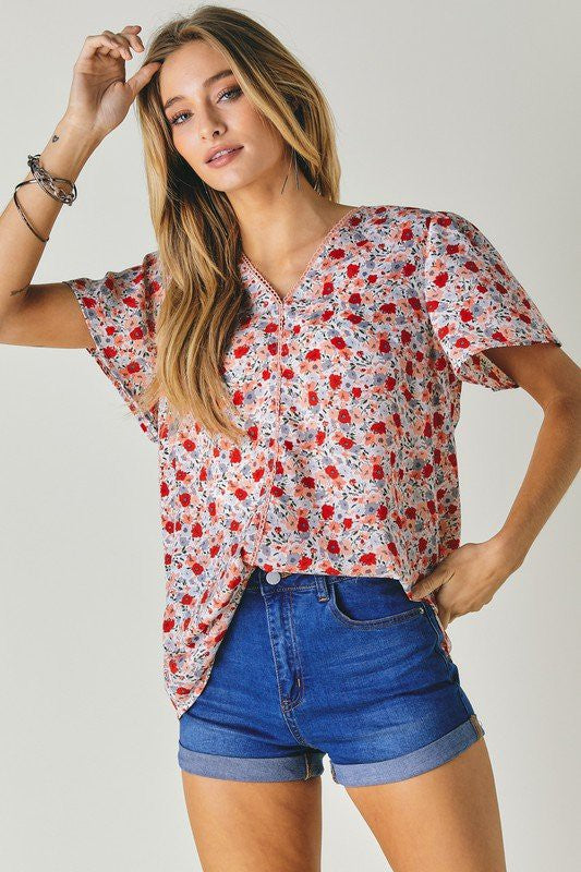 Floral Printed V-Neck Short Sleeve Top Davi & Dani