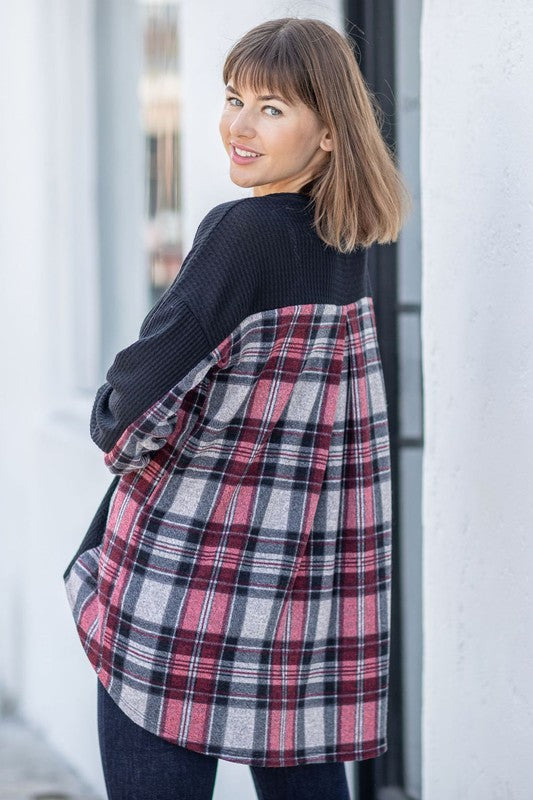 Plaid Back Waffle Knit  Cardigan EG fashion