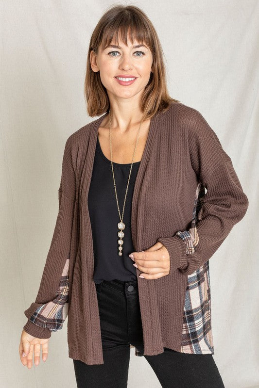 Plaid Back Waffle Knit  Cardigan EG fashion