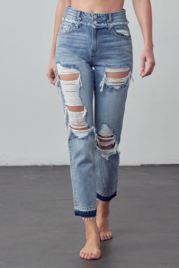 High Rise Double Waistband Released Hem Jeans Denim Lab USA