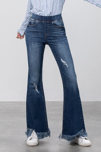 Elastic Banded Long Frayed Flare Jeans Denim Lab USA