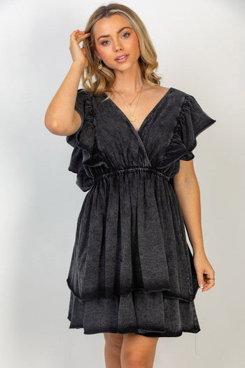 Short Flutter Sleeve Solid Knit Dress in Black White Birch