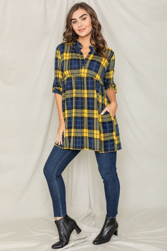 Plaid Empire Waist Tab Sleeve Tunic EG fashion