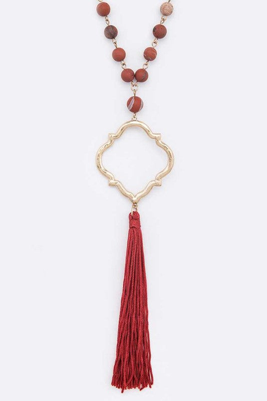 Silk Tassel Quarterfoil Pendant Drop Long Necklace LA Jewelry Plaza