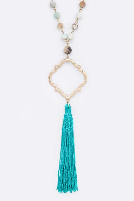 Silk Tassel Quarterfoil Pendant Drop Long Necklace LA Jewelry Plaza