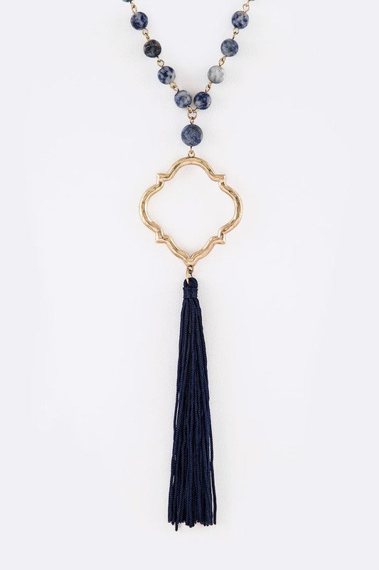 Silk Tassel Quarterfoil Pendant Drop Long Necklace LA Jewelry Plaza