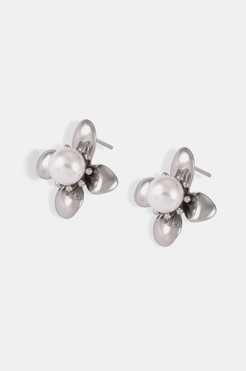Synthetic Pearl Titanium Steel Flower Earrings Trendsi