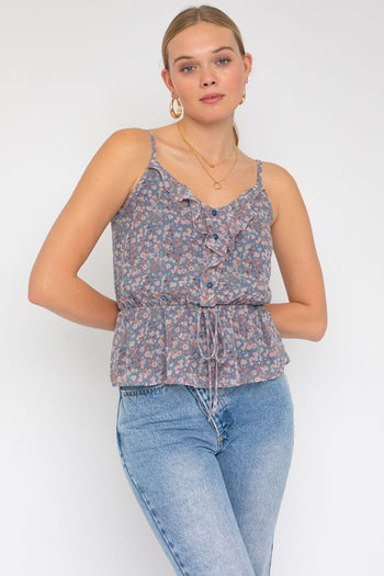 Sleeveless Elastic Waist Top With Ruffle Gilli