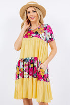 Celeste Full Size Color Block Floral Round Neck Short Sleeve Dress Trendsi