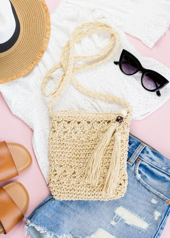 Woven Straw Tassel Accent Crossbody Bag Aili's Corner