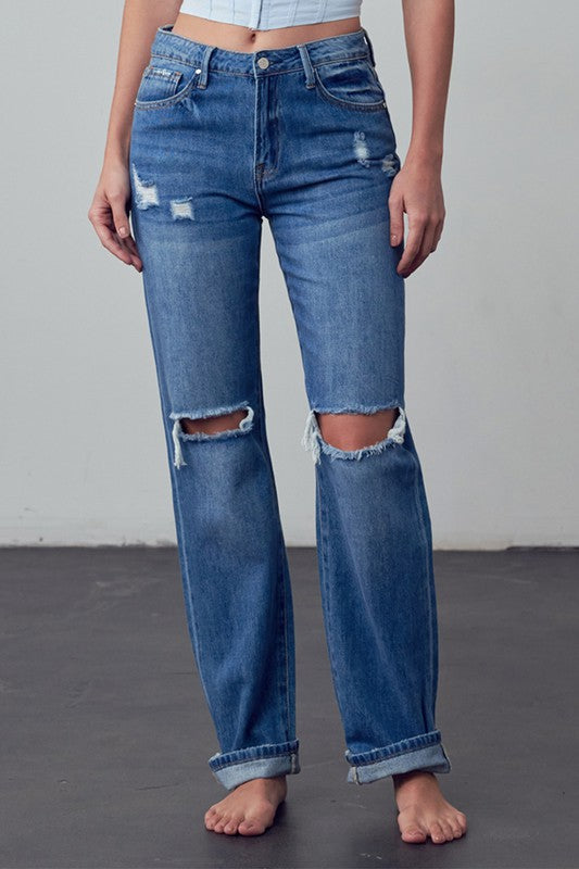 High Waist Ripped Straight Jeans Denim Lab USA