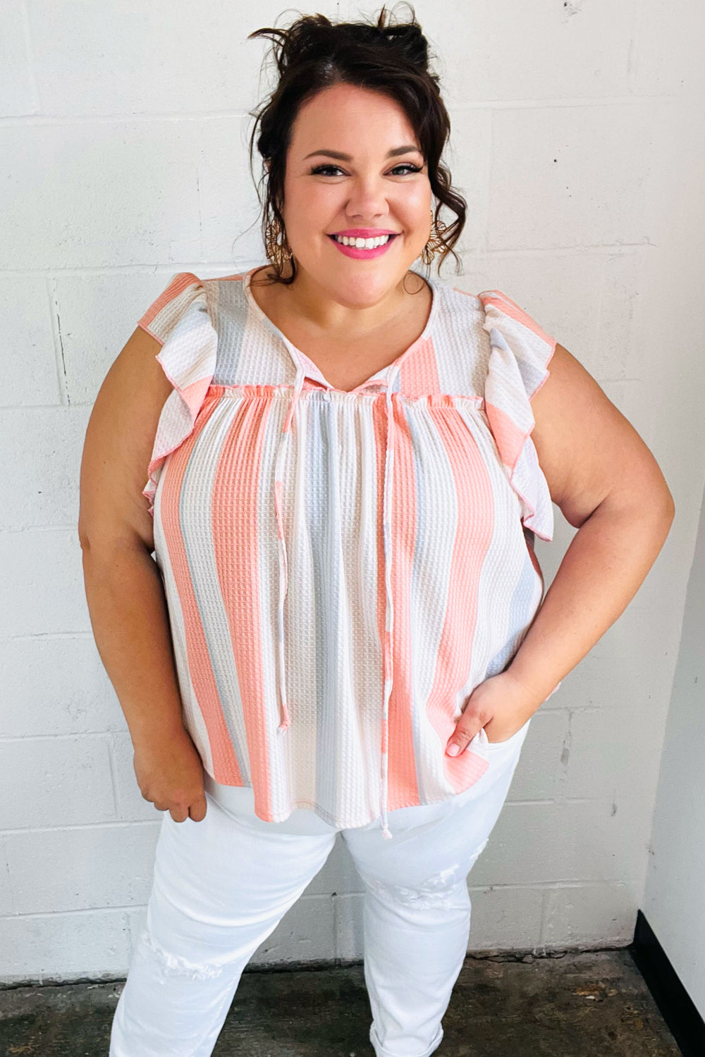 Coral & Light Blue Stripe Waffle Tie Neck Top Sugarfox