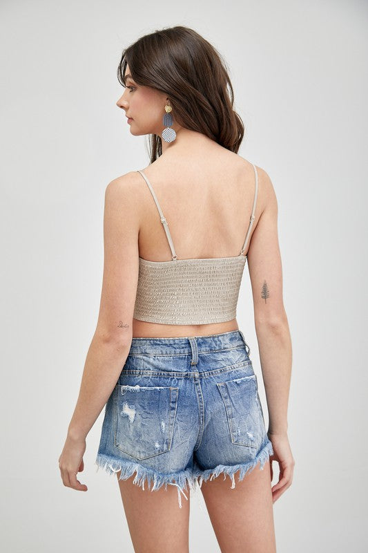 Front Tie-Up Cami Crop Top Mustard Seed