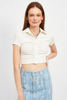 BUTTON UP COLLARED TOP WITH SHIRRING DETAIL Emory Park