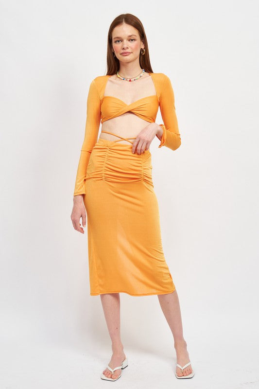 RUCHED MIDI SKIRT WITH WAIST TIE AND SLIT Emory Park