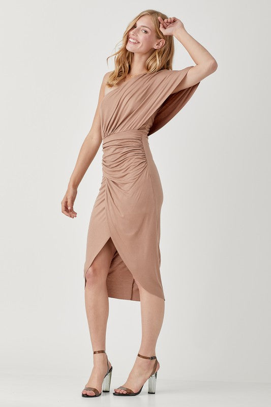 One Shoulder Drape Jersey Dress Mustard Seed