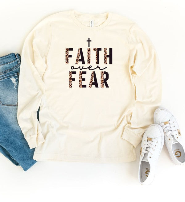 Faith Over Fear Leopard Long Sleeve Tee Ocean and 7th