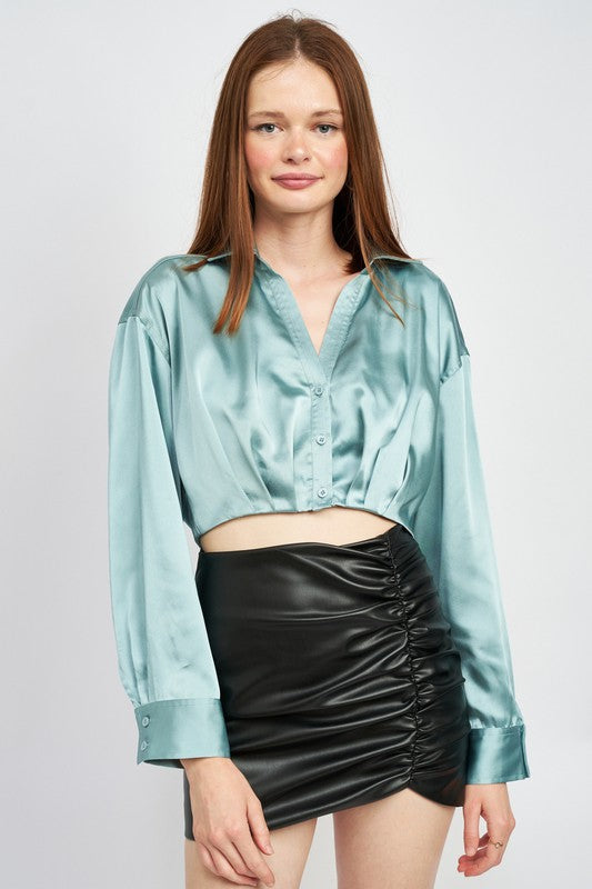 COLLARED BUTTON UP CROPPED SHIRT Emory Park