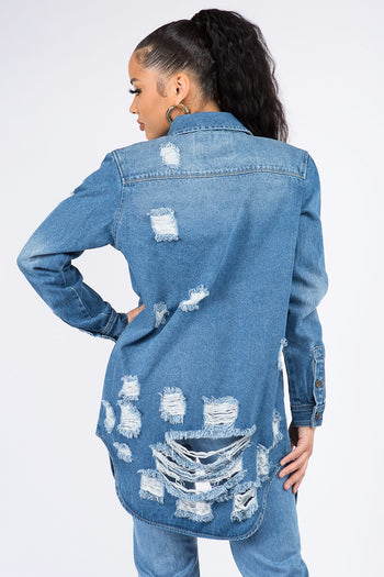 American Bazi Distressed Button Down Denim Shirt Jacket Trendsi