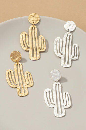 Hammered thin metal openwork cactus drop earrings LA3accessories