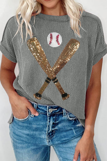 Sequin Baseball Round Neck Short Sleeve T-Shirt Trendsi