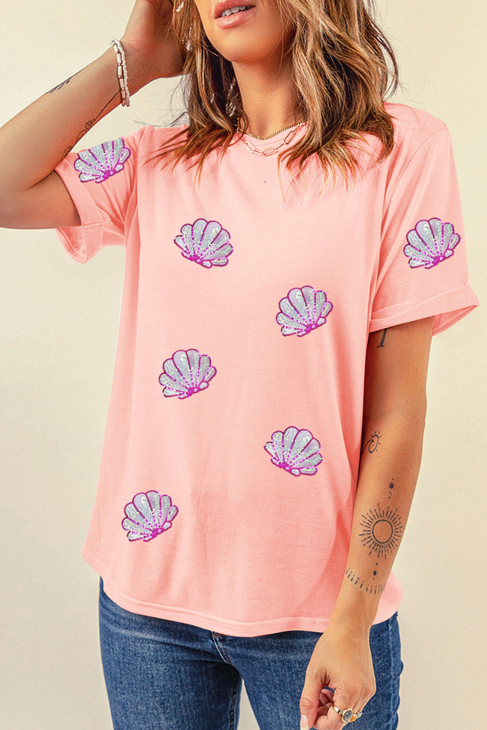 Shell Round Neck Short Sleeve T-Shirt Trendsi