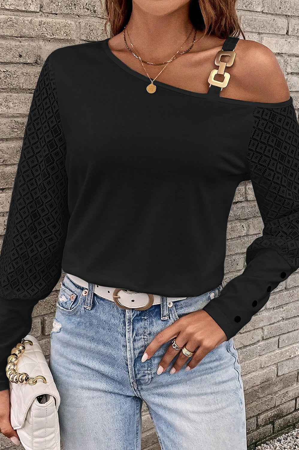 Asymmetrical Neck Lace Long Sleeve T-Shirt Trendsi
