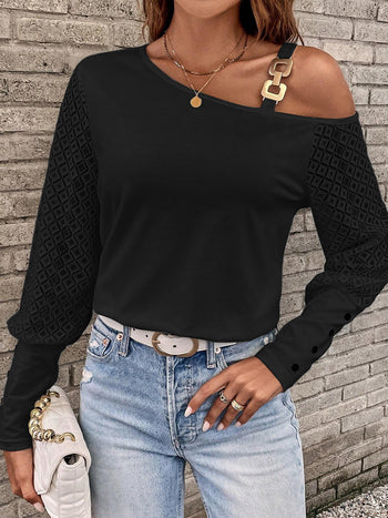 Asymmetrical Neck Lace Long Sleeve T-Shirt Trendsi