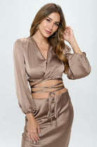 Silky Satin Wrap Crop Top with Tie Renee C.