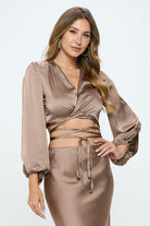 Silky Satin Wrap Crop Top with Tie Renee C.