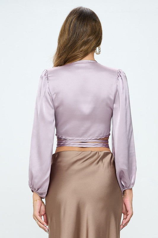 Silky Satin Wrap Crop Top with Tie Renee C.