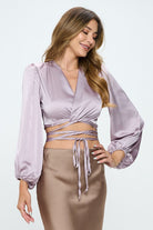 Silky Satin Wrap Crop Top with Tie Renee C.