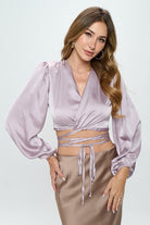 Silky Satin Wrap Crop Top with Tie Renee C.