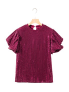 Sequin Round Neck Short Sleeve Blouse Trendsi