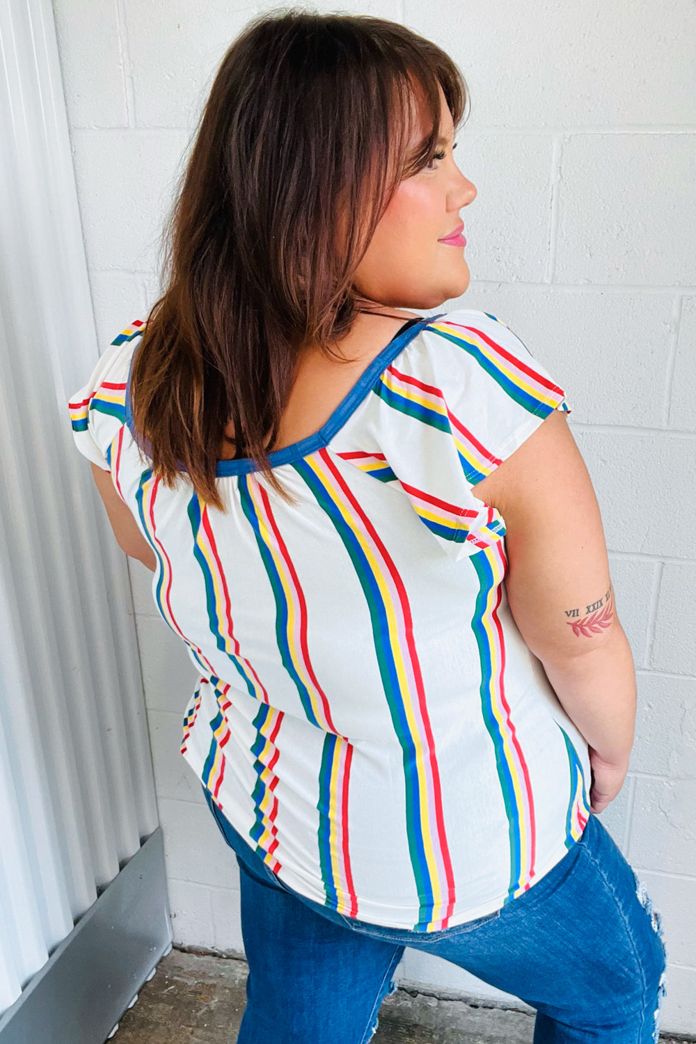 Multicolor Striped Raglan Flutter Sleeve Top Haptics