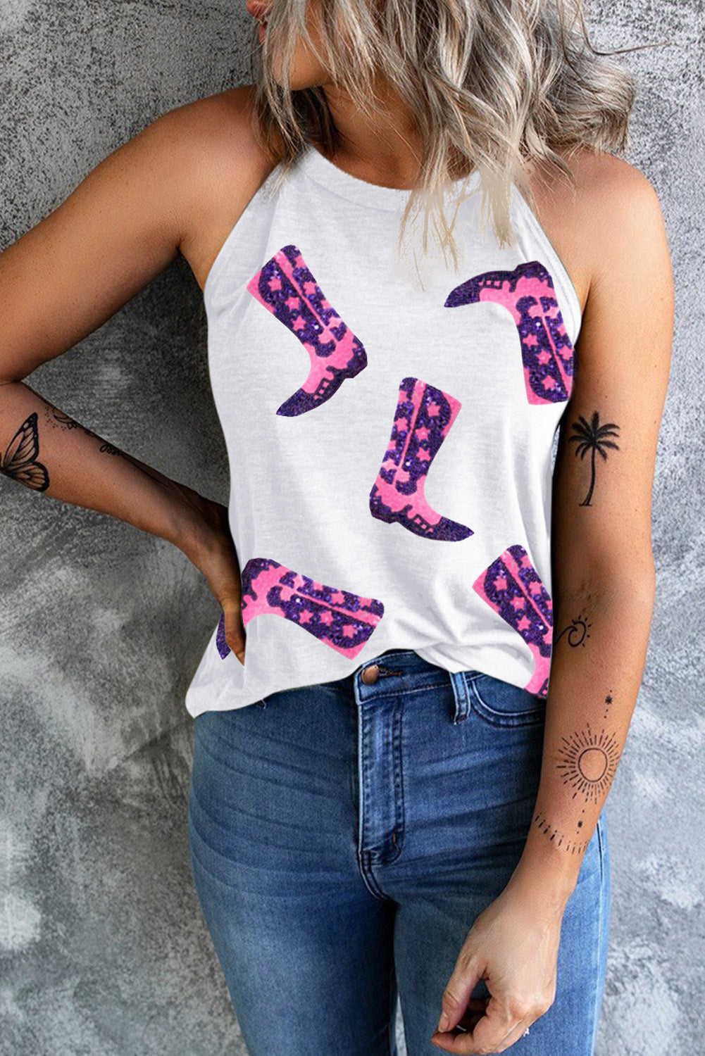 Sequin Boots Print Round Neck Tank Trendsi