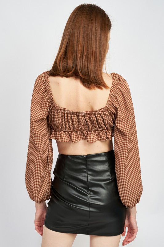 GINGHAM SQUARE NECK CROP TOP WITH RUFFLE DETAIL Emory Park