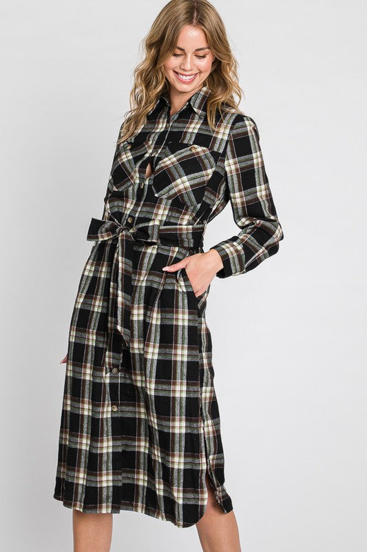 PLAID BELTED LONG SHIRT DRESS Jade By Jane