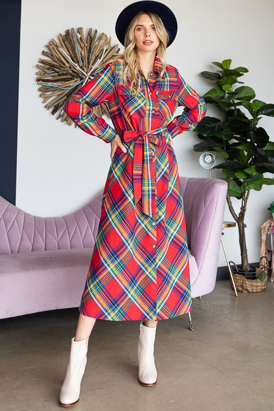 PLAID BELTED LONG SHIRT DRESS Jade By Jane