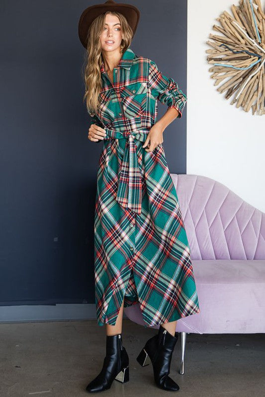 PLAID BELTED LONG SHIRT DRESS Jade By Jane