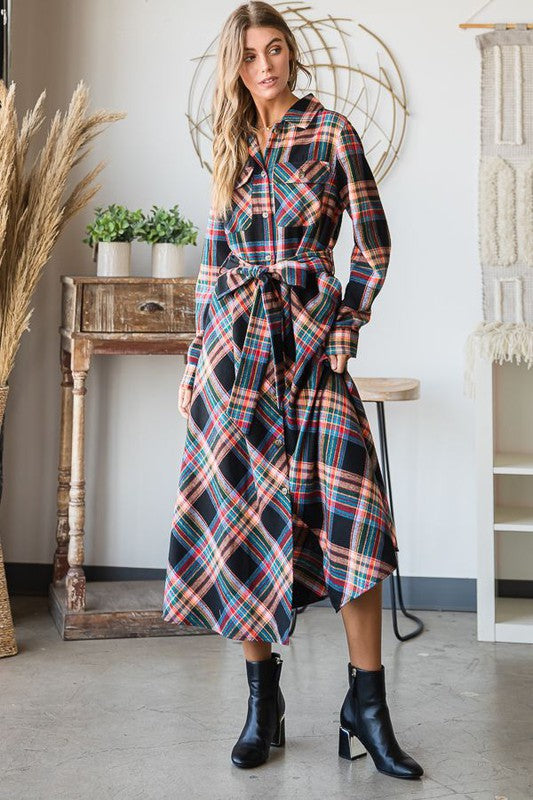 PLAID BELTED LONG SHIRT DRESS Jade By Jane