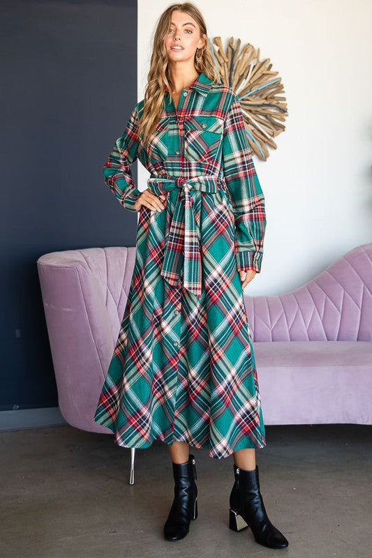 PLAID BELTED LONG SHIRT DRESS Jade By Jane