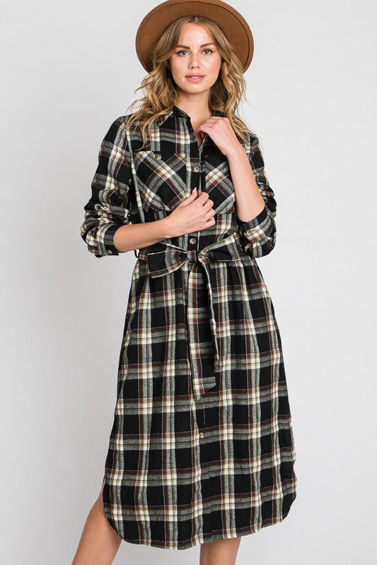 PLAID BELTED LONG SHIRT DRESS Jade By Jane