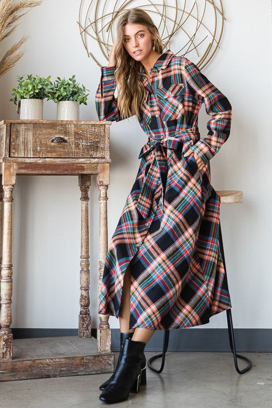 PLAID BELTED LONG SHIRT DRESS Jade By Jane